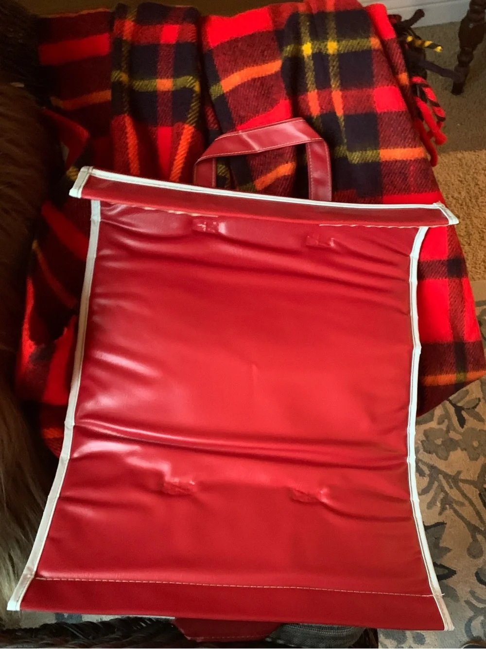 Vintage Faribo Plaid Red Stadium Blanket  and Vinyl Storage Carrier 56” x53”